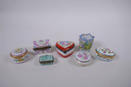 Four Limoges hand painted porcelain trinket/pill boxes with floral decoration, and two Halcyon