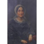 A portrait of a woman in black with lace bonnet, oil on canvas, unsigned, 71 x 92cm