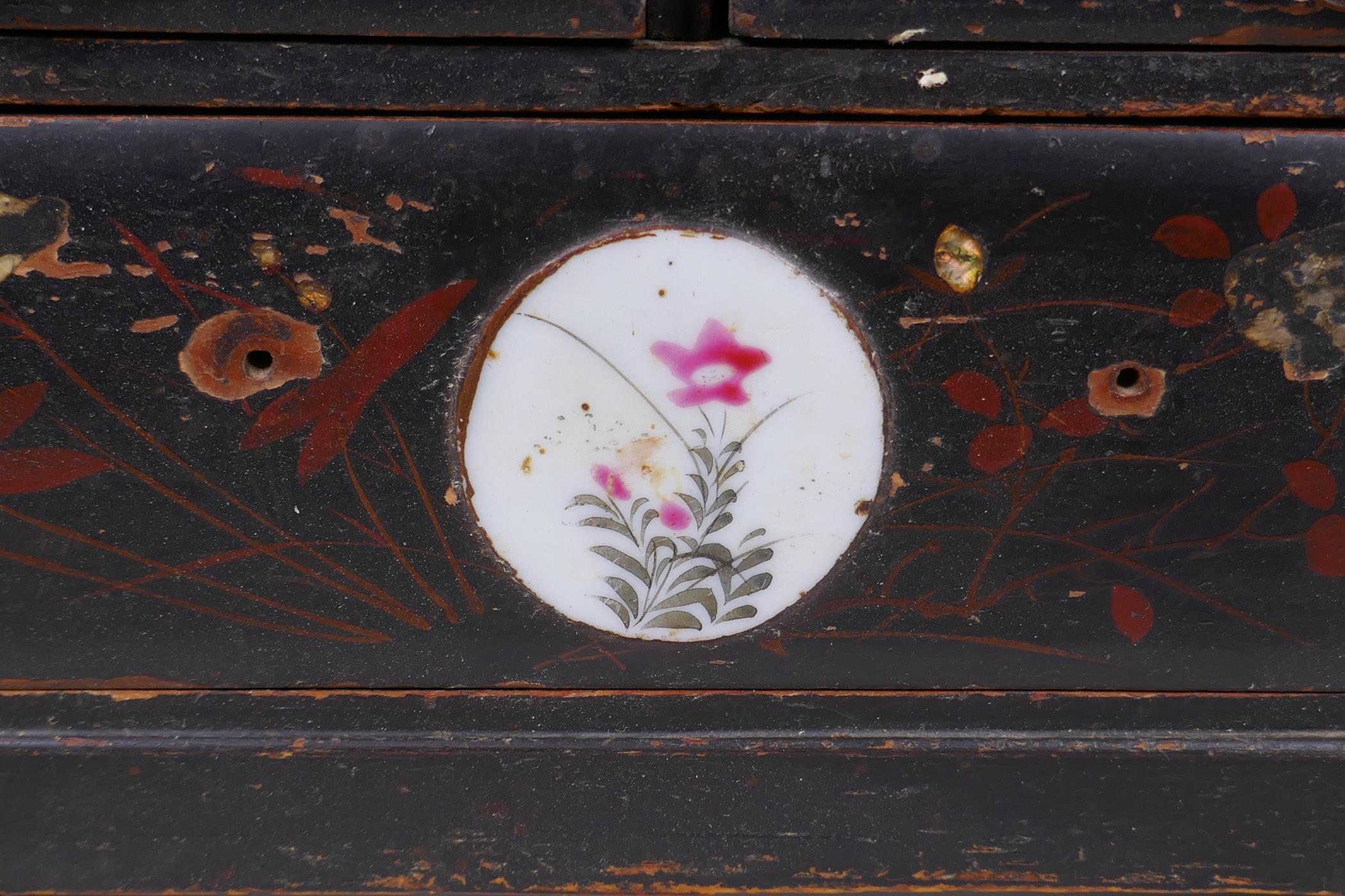 A Japanese Meiji period lacquer table top shodhana with inset porcelain panels, 31 x 14cm, 47cm high - Image 5 of 5