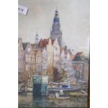 James Garden Laing, Dutch port scene with steam tug and barges, signed