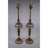 A pair of brass table lamps with painted bands, 74cm high