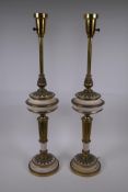 A pair of brass table lamps with painted bands, 74cm high