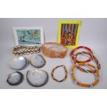 A collection of Tahitian items including six beaded shell items of jewellery, four pearl shells