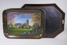 A Toleware tray with painted decoration of a rural ruin, and another larger, 76 x 54cm