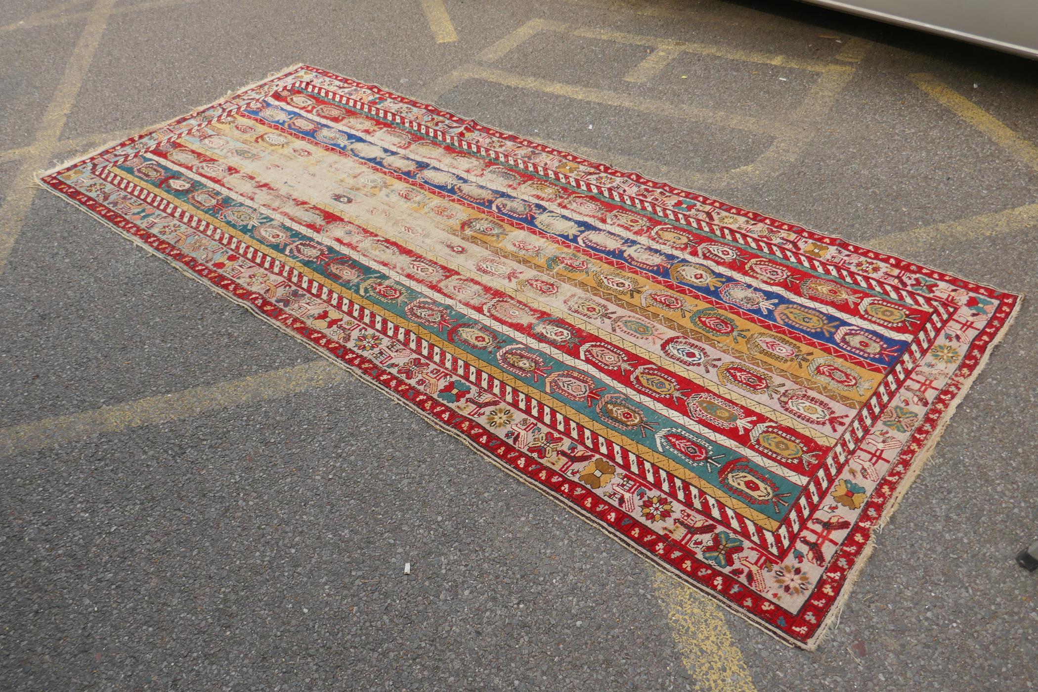 An antique multicolour Caucasian Shirvan runner, worn, 125 x 284cm - Image 2 of 7