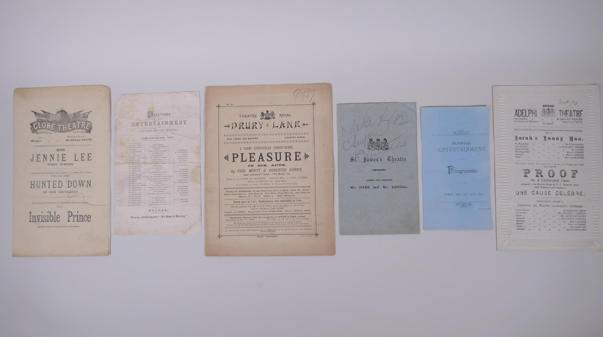 A collection of C19th London theatre programs including The Globe, St James's Theatre, Theatre Royal