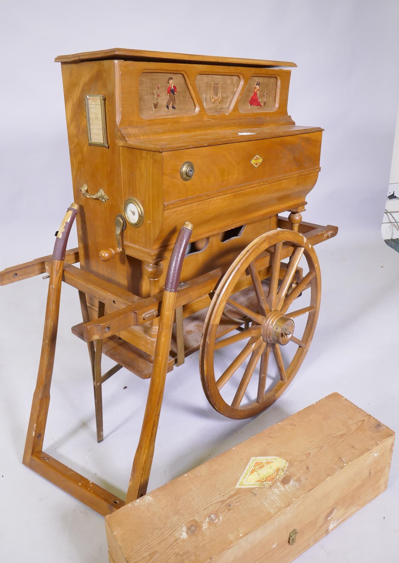 A Spanish Hurdy Gurdy Barrel Organ on cart by Enrique Salva, Barcelona, early to mid century, AF - Image 7 of 9