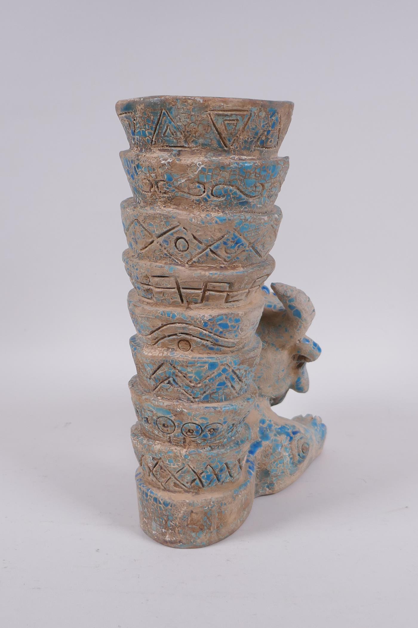 An Islamic earthenware mask vase with turquoise crackle glaze, 25cm high - Image 4 of 5
