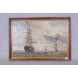 D. Olson, Royal Naval battleships at anchor, signed, mid C20th, oil on canvas, 76 x 50cm