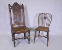 An early C19th elm wheel back dining chair with crinoline stretcher, AF, and an C18/C19th French oak