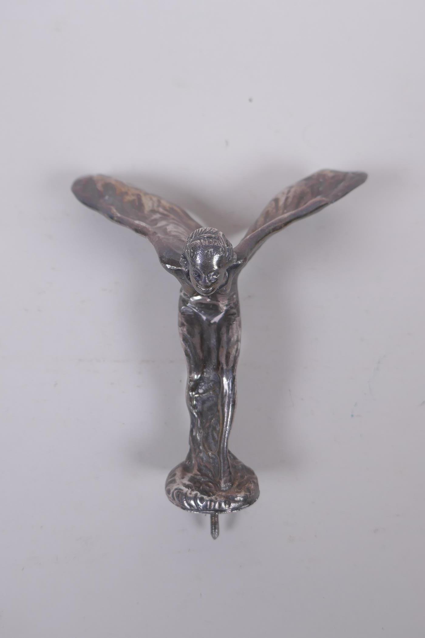 A cast white metal Spirit of Ecstasy hood ornament, 13cm high - Image 2 of 3