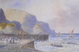 L. Lewis, rocky headland with sailing boats and pier, signed and dated '99, watercolour, 30 x 20cm