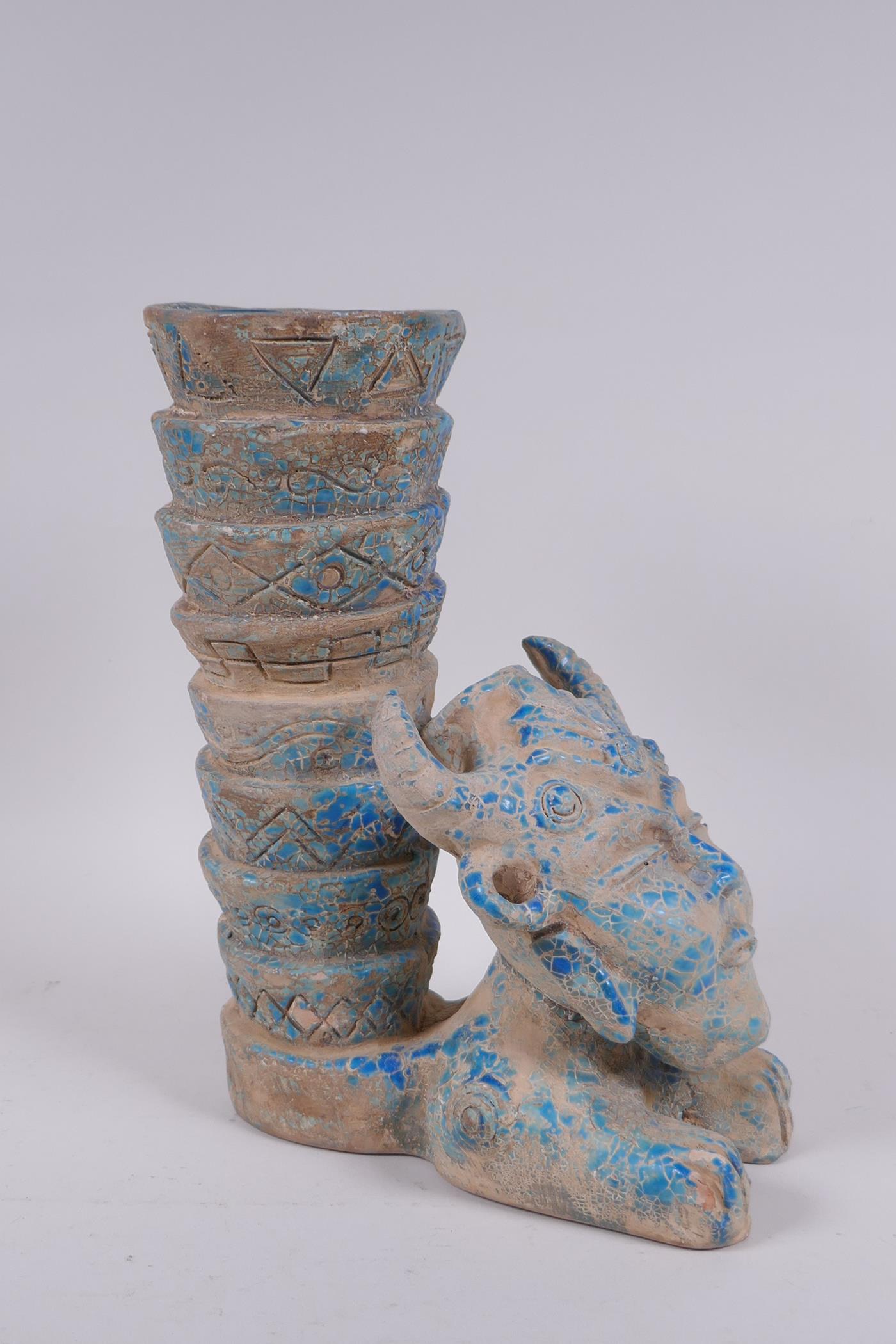 An Islamic earthenware mask vase with turquoise crackle glaze, 25cm high - Image 3 of 5