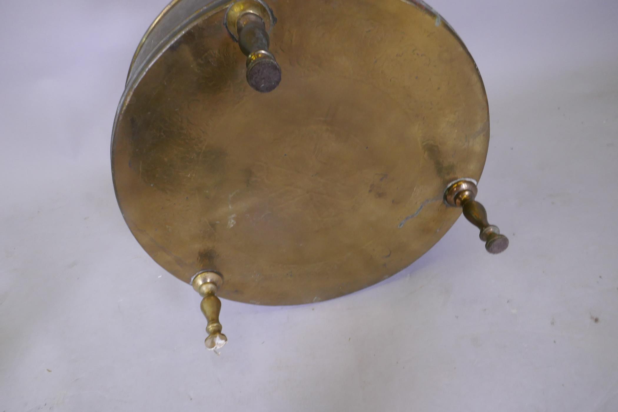 An antique Indo Persian brass brasserie and conical cover, raised on tripod supports, with chased - Image 6 of 6
