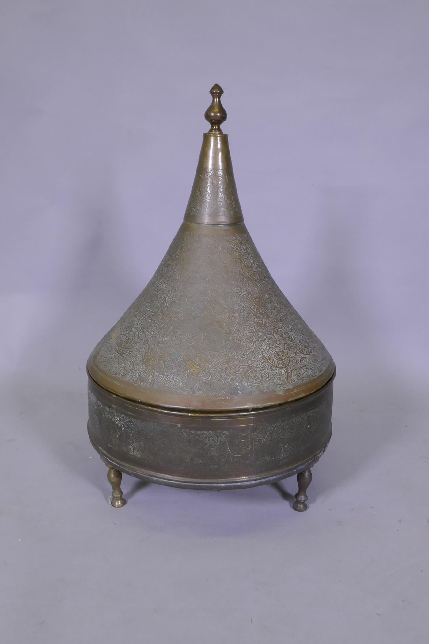 An antique Indo Persian brass brasserie and conical cover, raised on tripod supports, with chased - Image 2 of 6