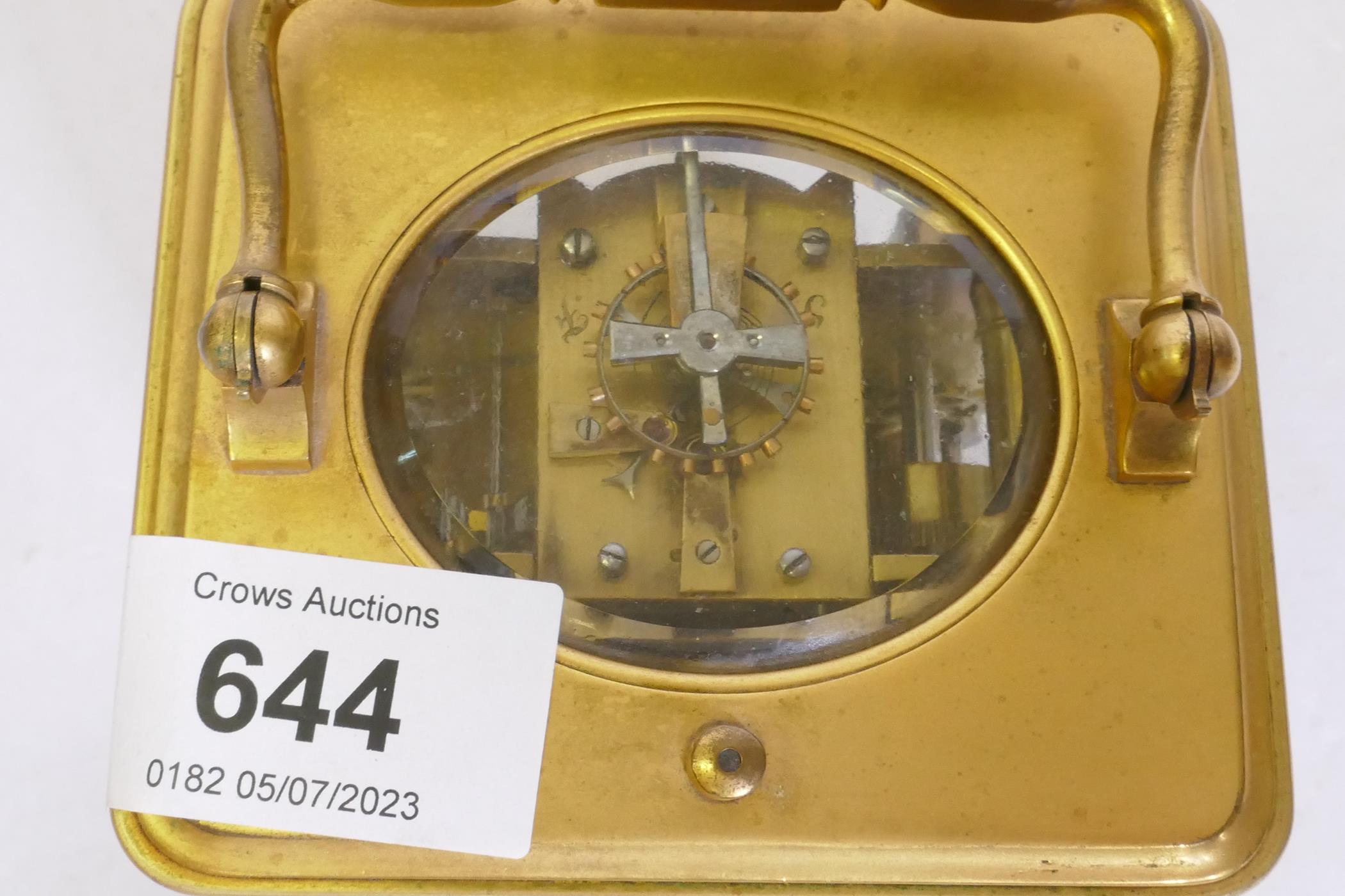 A good C19th gilt brass carriage clock with alarm function, appears working order but sold without - Image 6 of 6