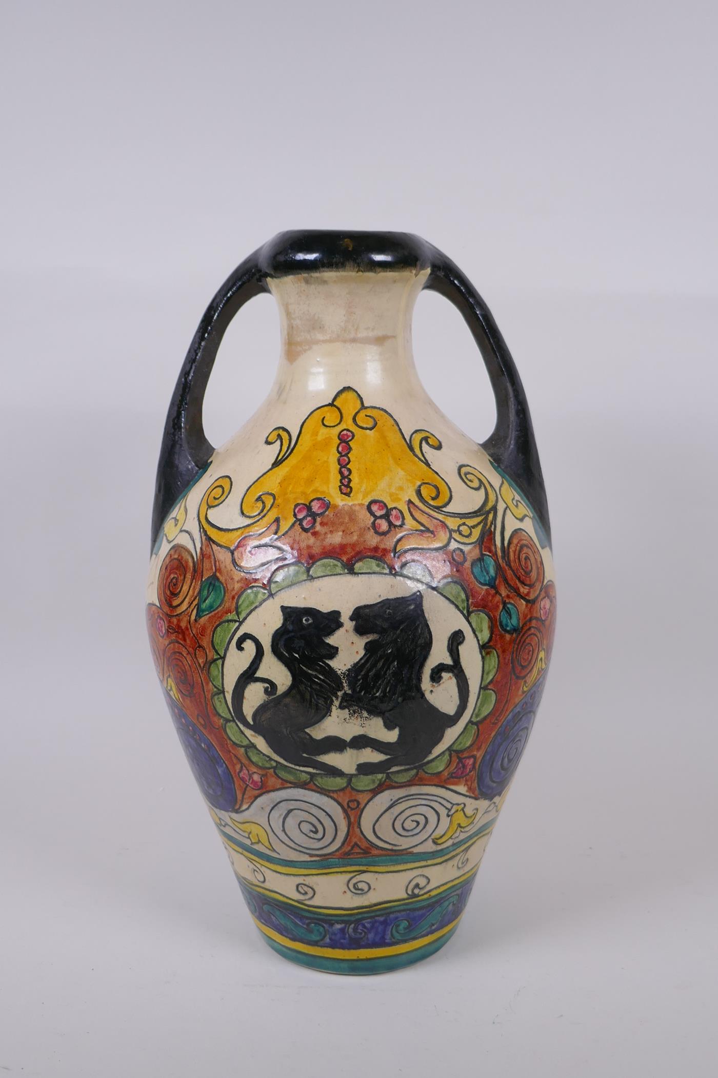 An Majolica amphora decorated with rampant lions, 38cm high - Image 3 of 5