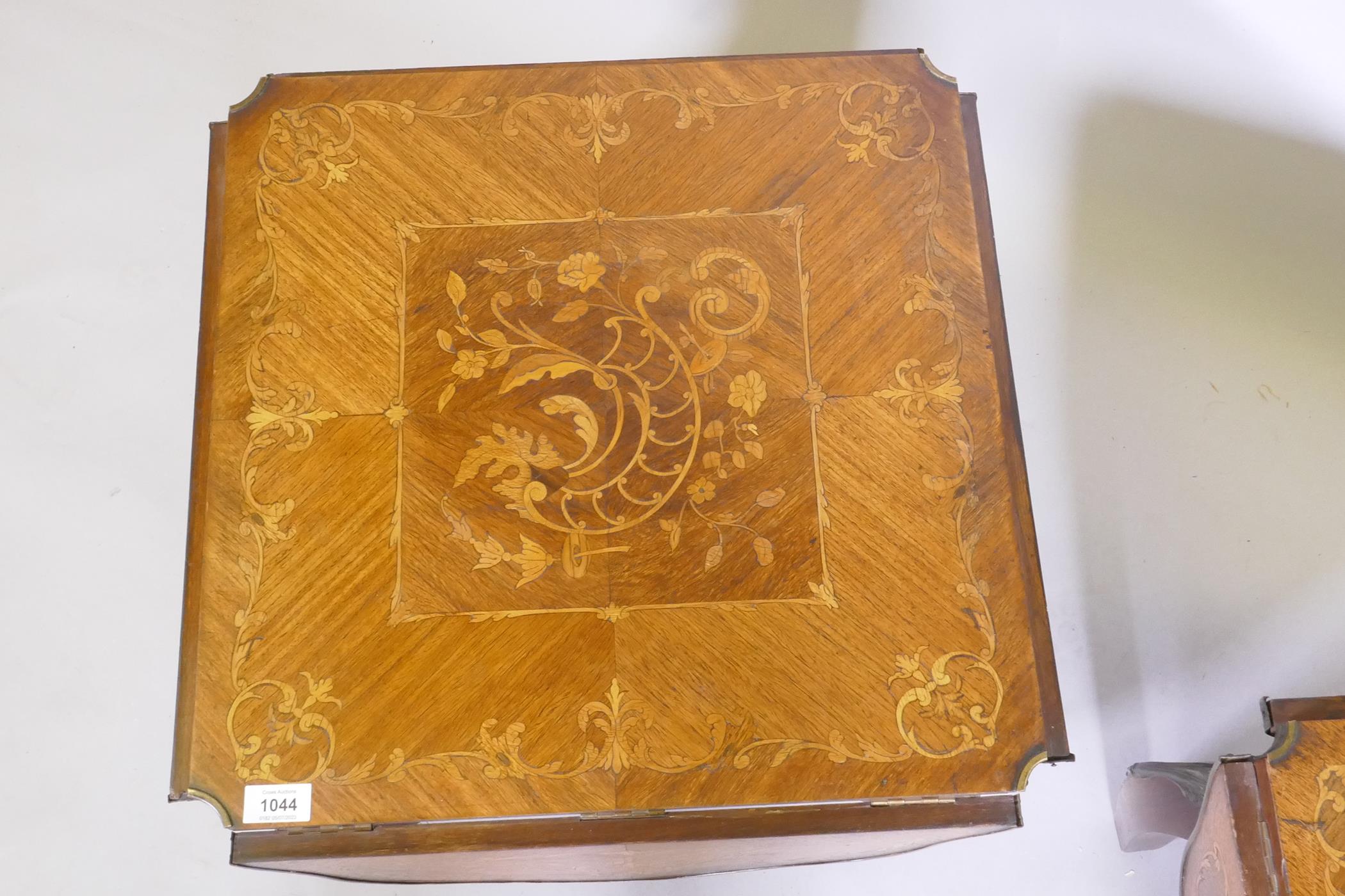 A pair of antique marquetry inlaid kingwood tables with a shaped top and ormolu mounts, reduced, - Image 4 of 5