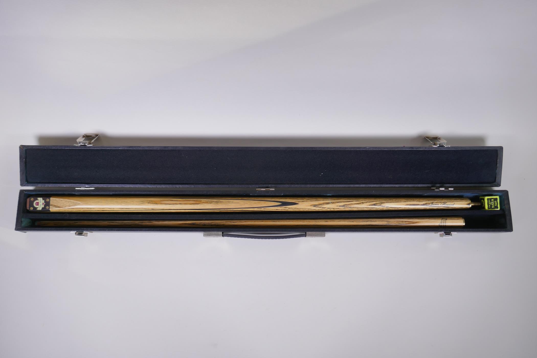 A James Howard Snooker Masters cue, in a Jimmy White branded leather carry case, 81cm long