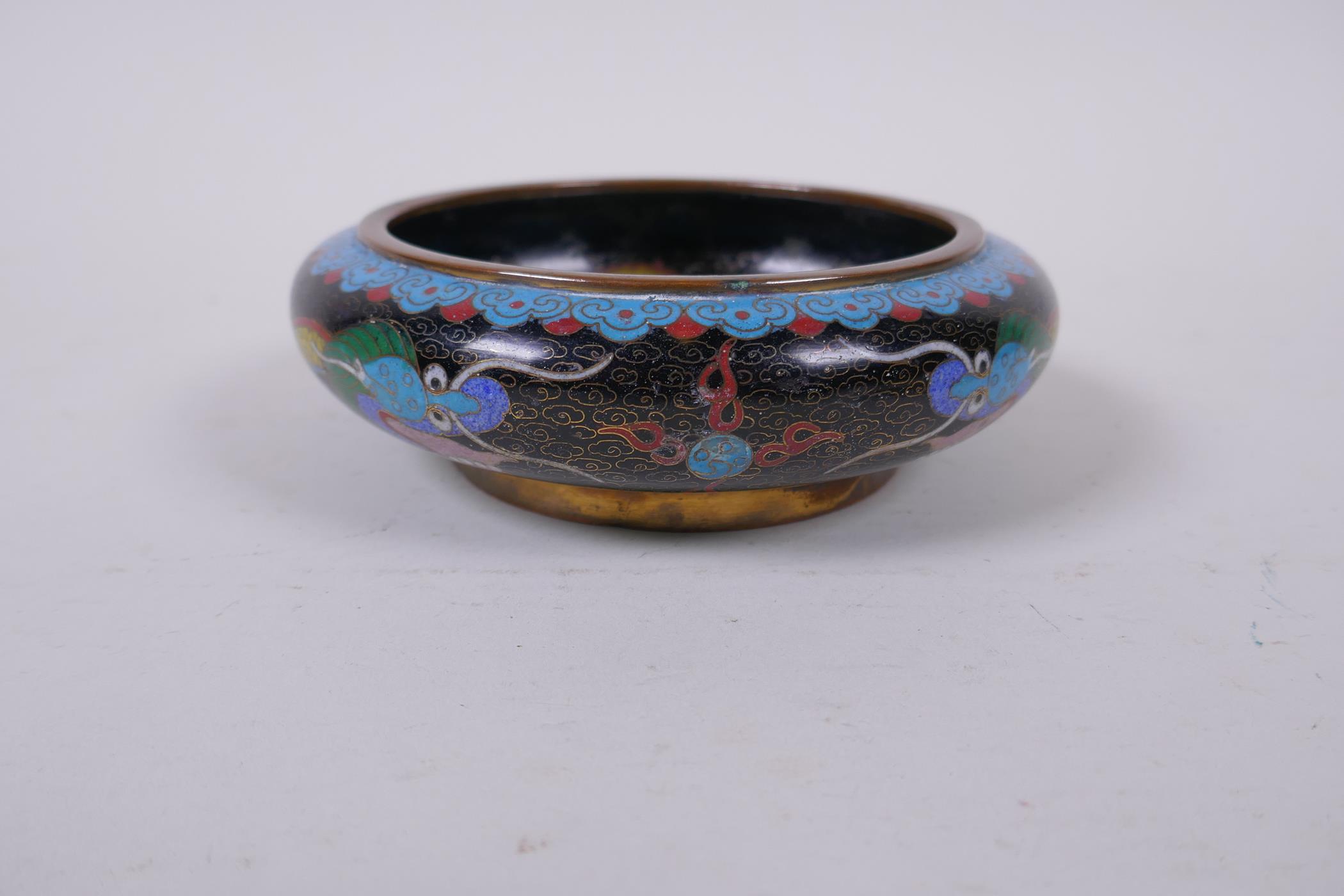 A Chinese black ground cloisonne bowl with rolled rim and dragon decoration, and a pair of Thai oval - Image 3 of 7