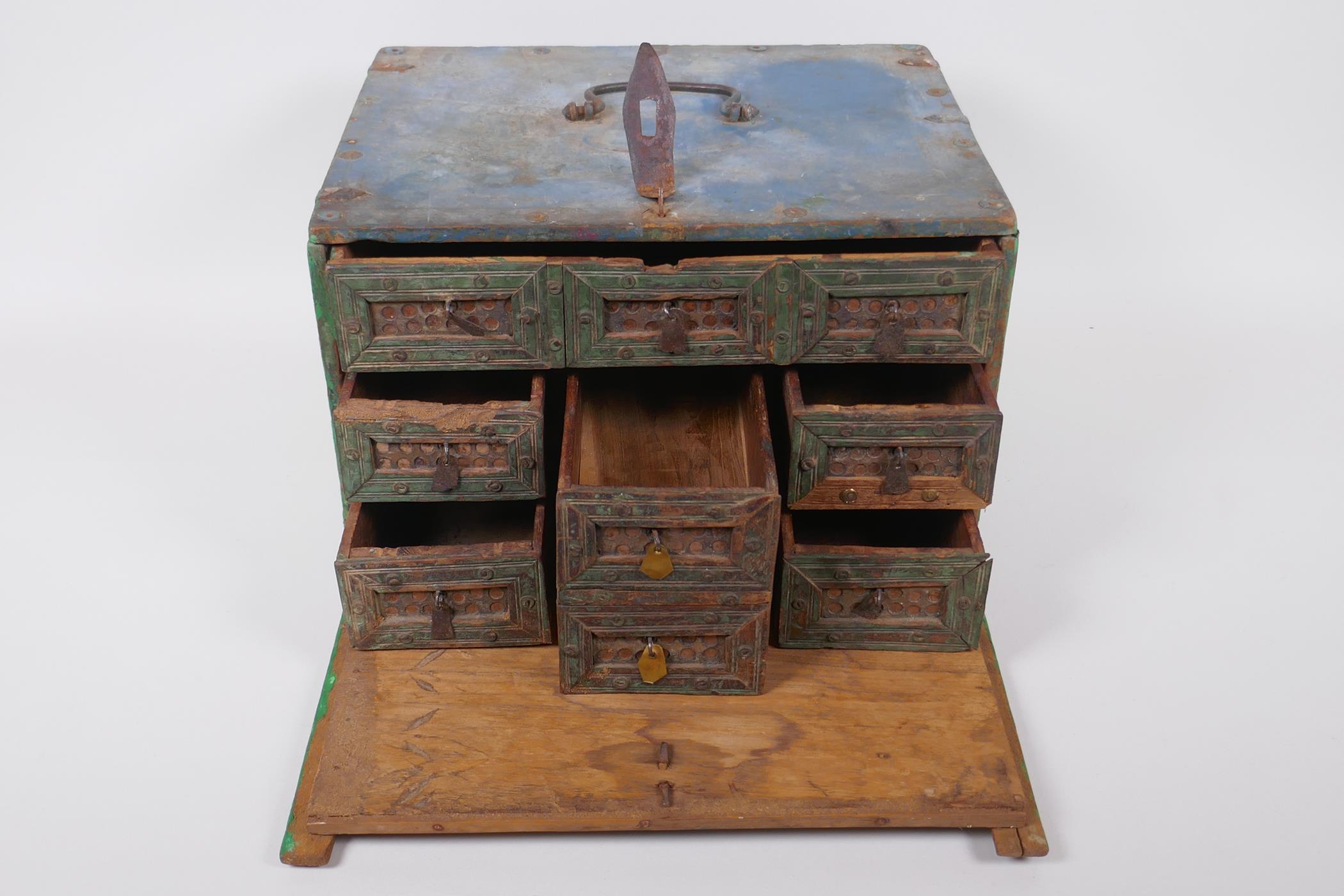 An Indian painted wood box, fitted with drawers, 29 x 23cm, 18cm high - Image 3 of 4