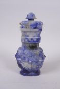A Japanese carved lapis lazuli koro and cover, 18cm high