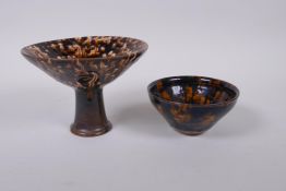 A Chinese Jizhou Kiln stem bowl with tortoise shell glaze, and a similar bowl, 12cm high