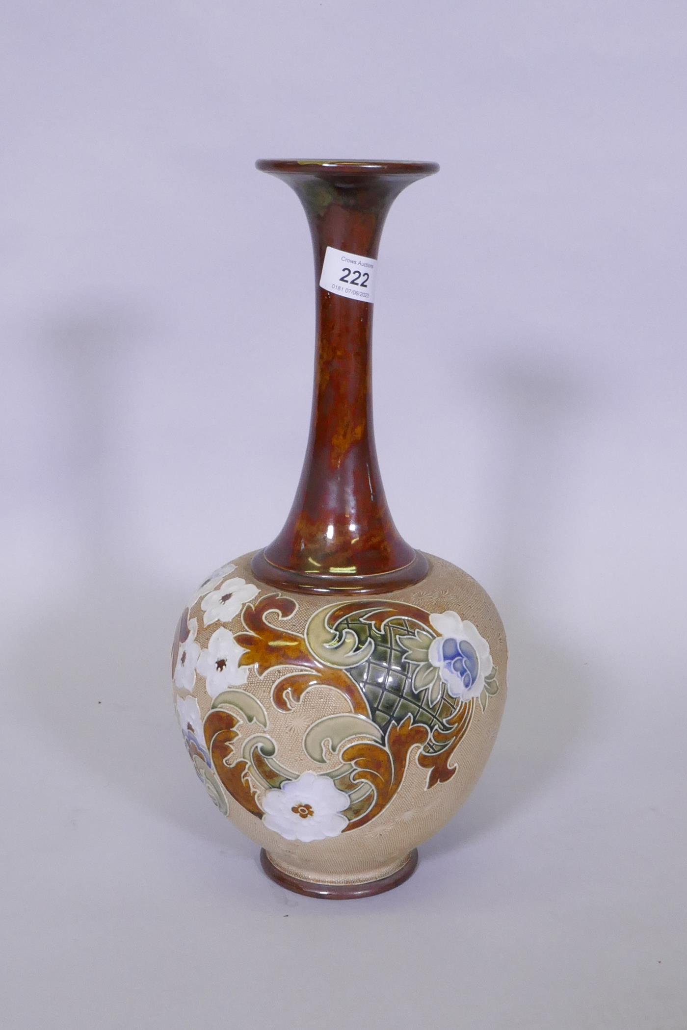 A Doulton Slaters long neck vase with raised floral and Arabesque designs, impressed marks to