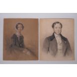 A pair of portraits, a lady and gentleman, C19th charcoal drawings, highlighted with white,