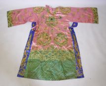 A Chinese late Qing embroidered silk dragon robe, with gilt thread highlights, 192 x 146cm