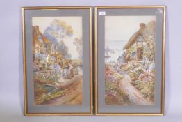 Devon cottages and view of a coastal by, a pair of watercolours, signed with monogram TM and dated
