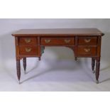 A Victorian mahogany kneehole desk, the five drawers with moulded fronts and brass handles, raised