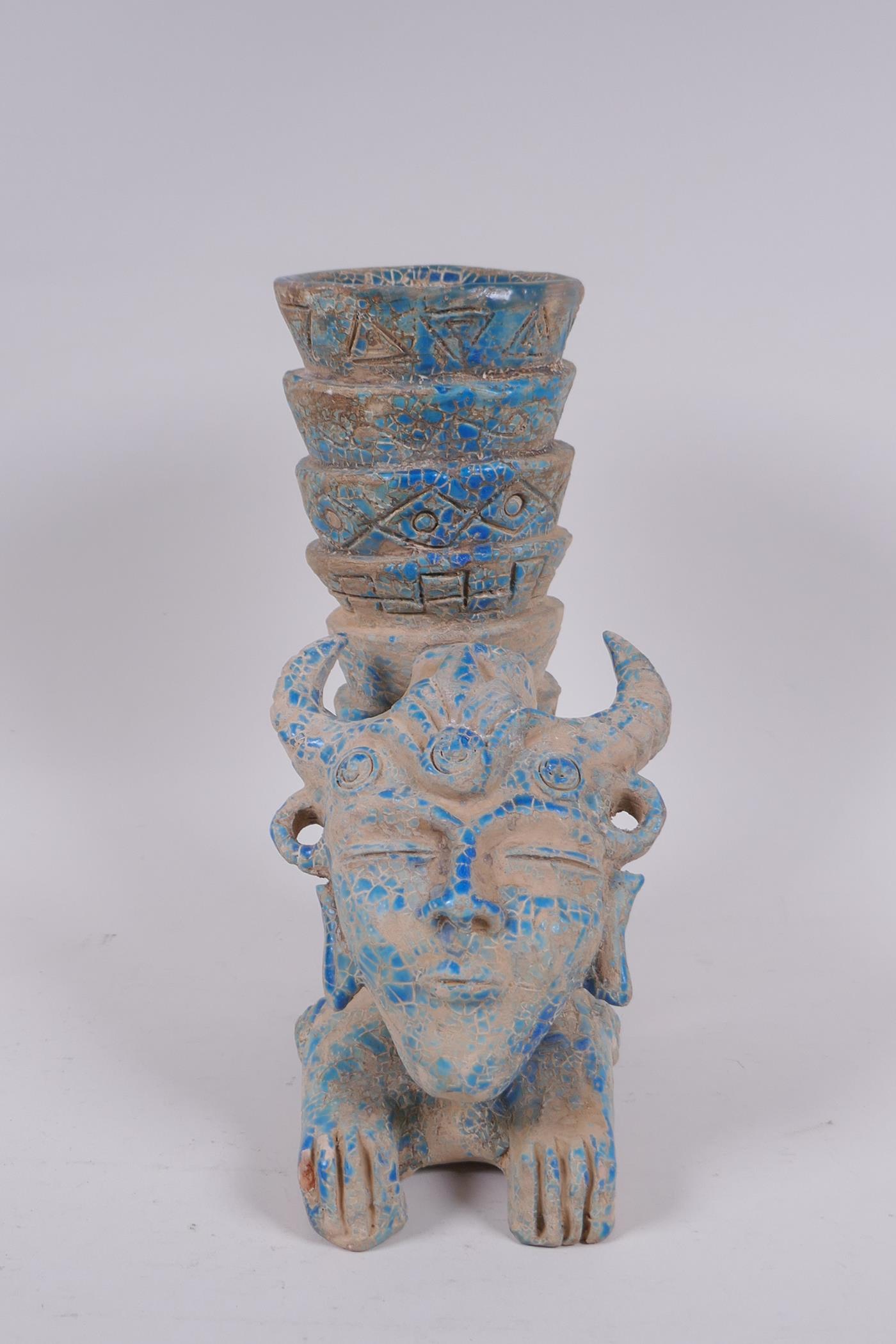 An Islamic earthenware mask vase with turquoise crackle glaze, 25cm high - Image 2 of 5