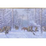 T. Werner, winter landscape with hunters in the snow, signed, oil on canvas, 100 x 65cm