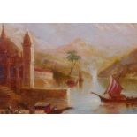 Capriccio port scene with figures and boats, C19th oil on board, 17 x 27cm