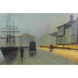 In the manner of Atkinson Grimshaw, (British, 1836-1893), harbour scene at dusk, signed, oil on