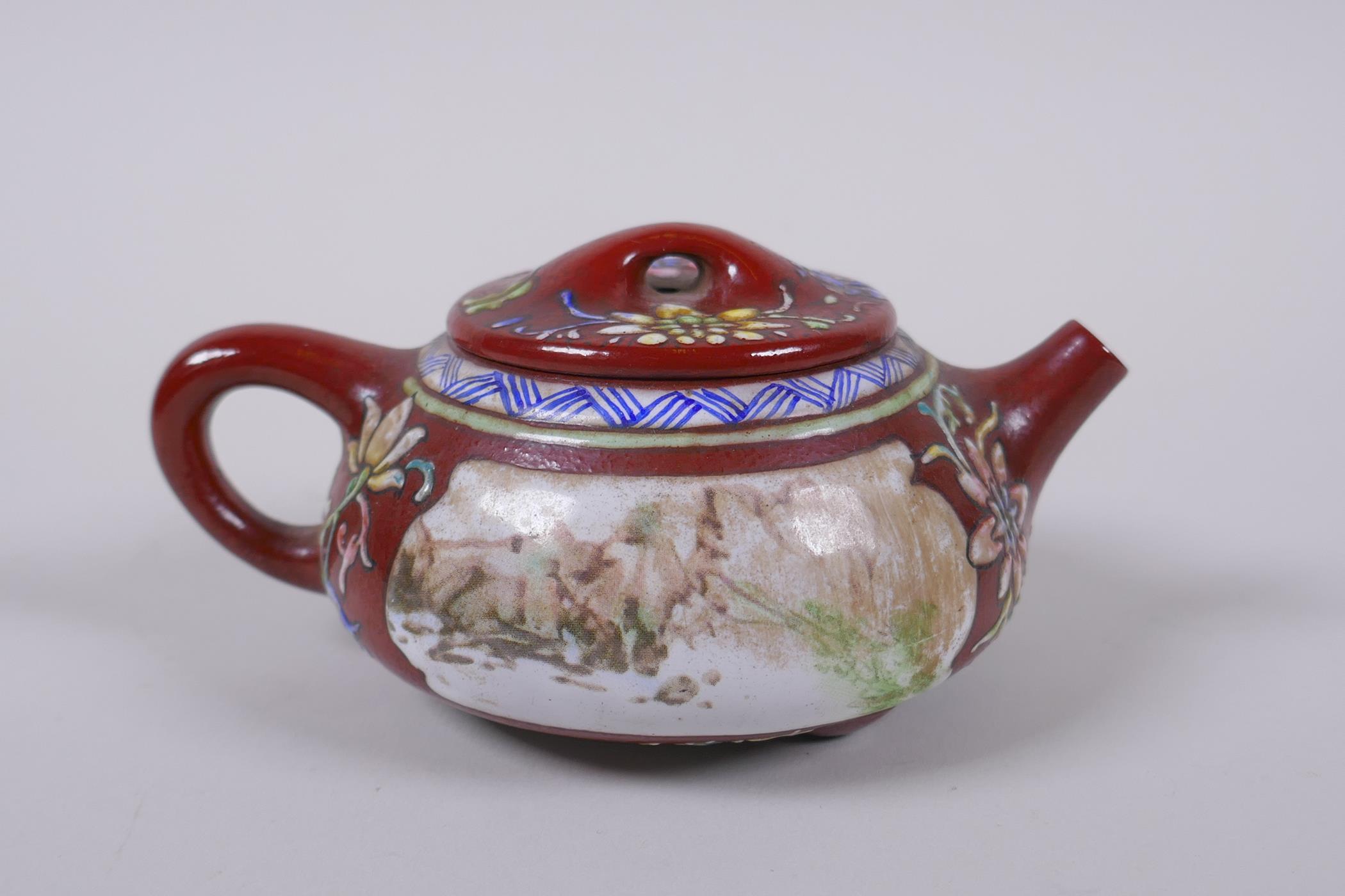 A Chinese YiXing tea pot with enamelled decoration of flowers and a riverside landscape, impressed - Image 3 of 5