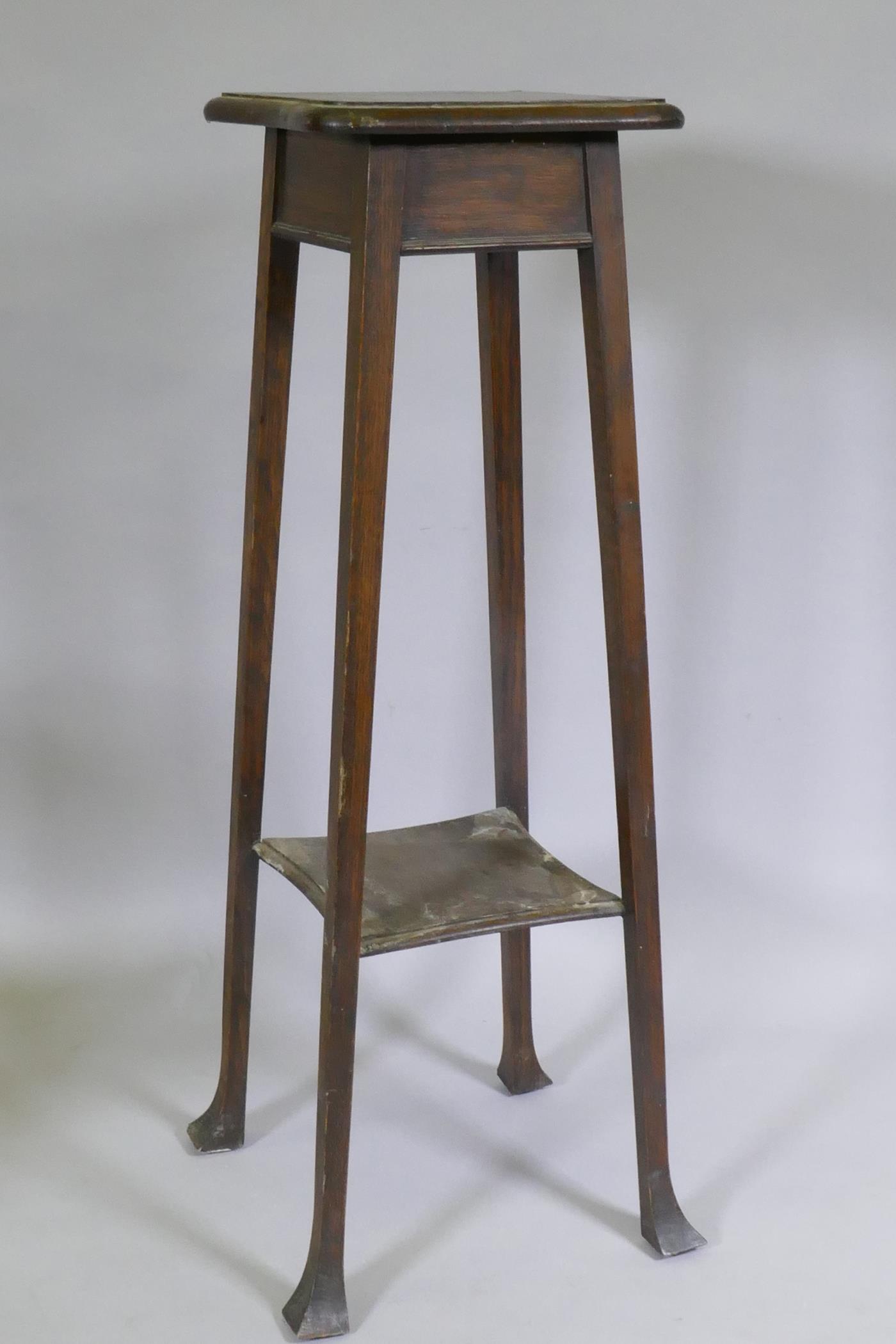 Arts and Crafts oak two tier jardiniere stand, with shaped top, raised on swept supports, 30 x 30 - Image 2 of 4