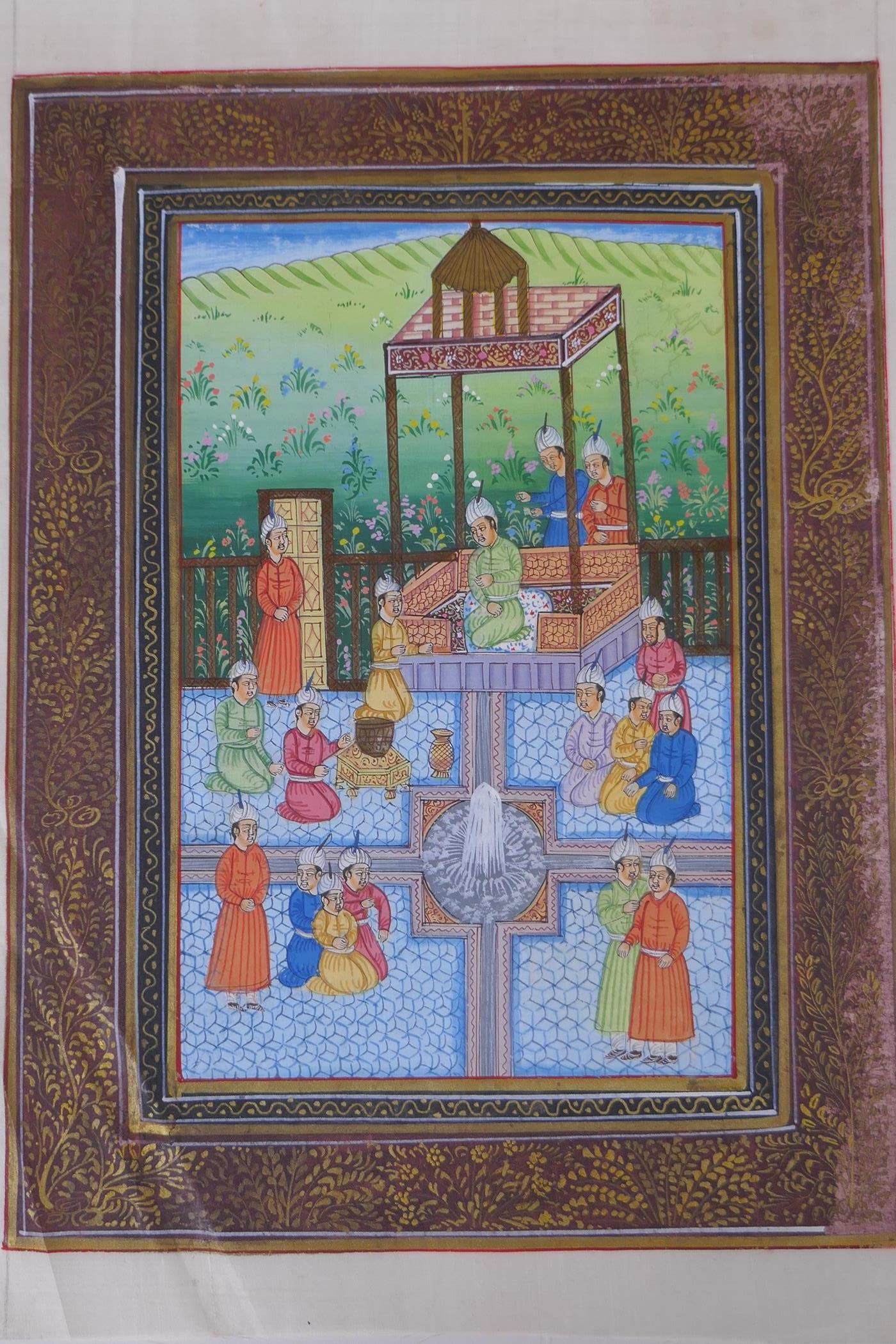 Five Indian miniature paintings on silk depicting court scenes, largest 24 x 31cm - Image 5 of 6