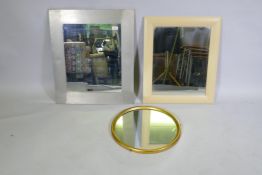 A Habitat brushed metal wall mirror, a beechwood frame mirror and gilt circular mirror