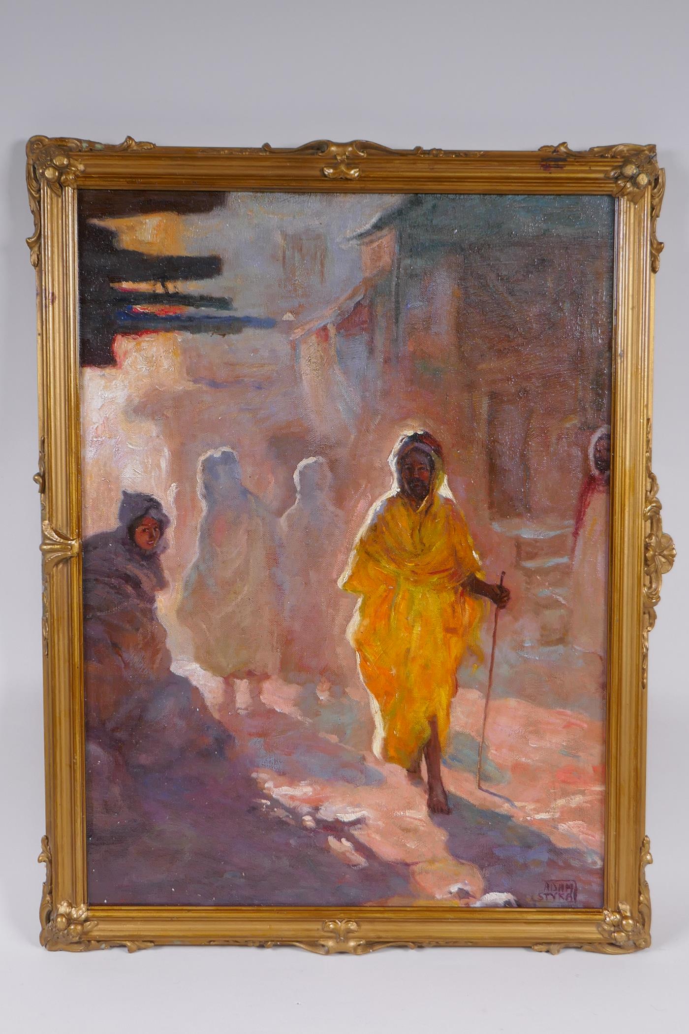 After Adam Styka, (French/Polish, 1890-1959), In the Medina, oil on canvas laid on board, 35 x 49cm - Image 2 of 4