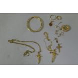 9ct gold, three crucifix, chains and hoop earrings, studs and pendants, 7.7g weighable gold, 9.4g