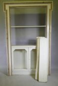 Architectural Salvage, a painted pine bookcase with open adjustable shelves over two glazed doors