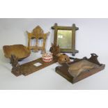 A carved wood bookslide, photo frame, tray and treen, a carved brazil nut husk etc, slide 30 x 13cm