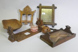 A carved wood bookslide, photo frame, tray and treen, a carved brazil nut husk etc, slide 30 x 13cm