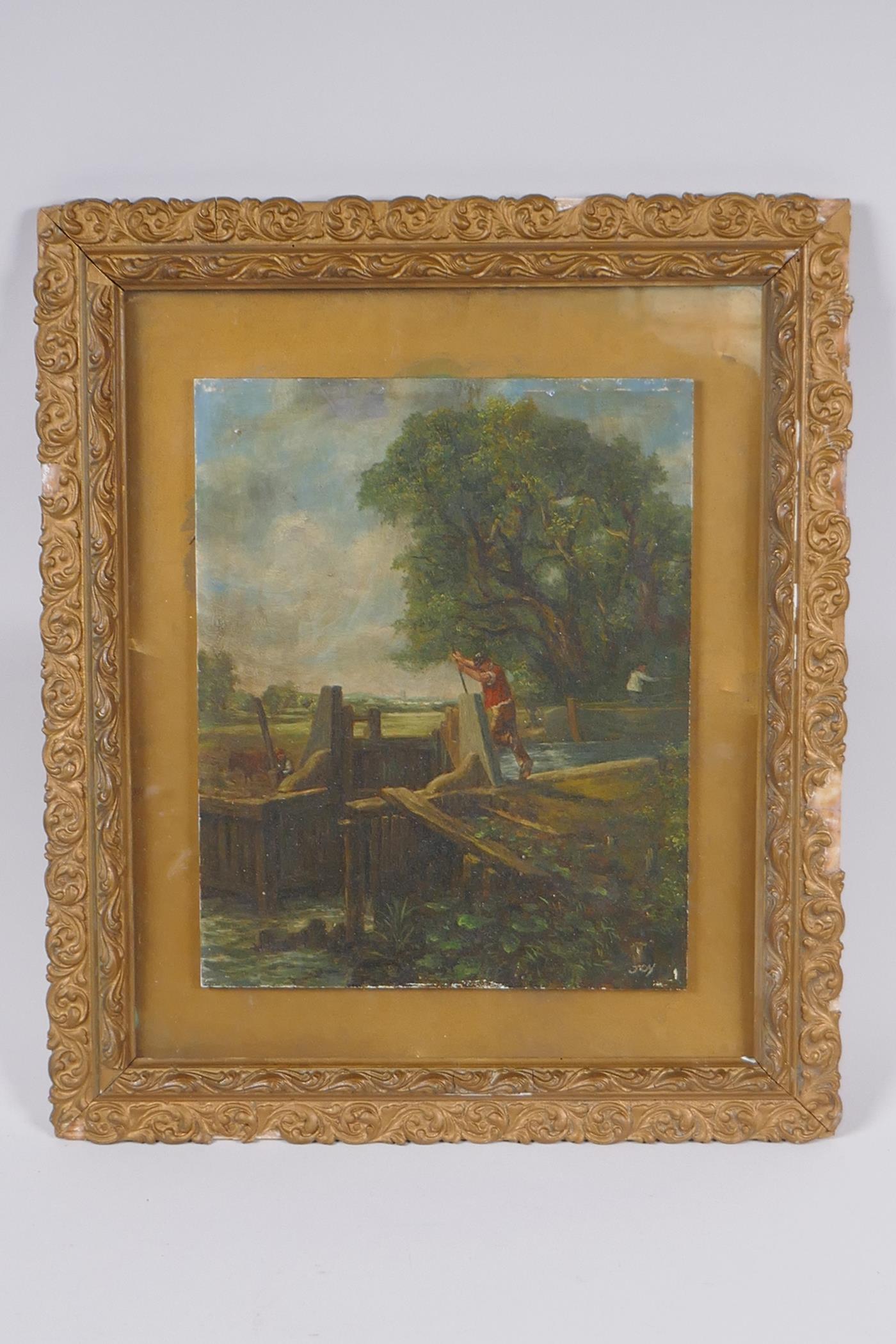 Rural scene with canal lock keepers, oil on panel, framed, signed Joy, 20 x 25cm - Image 2 of 3