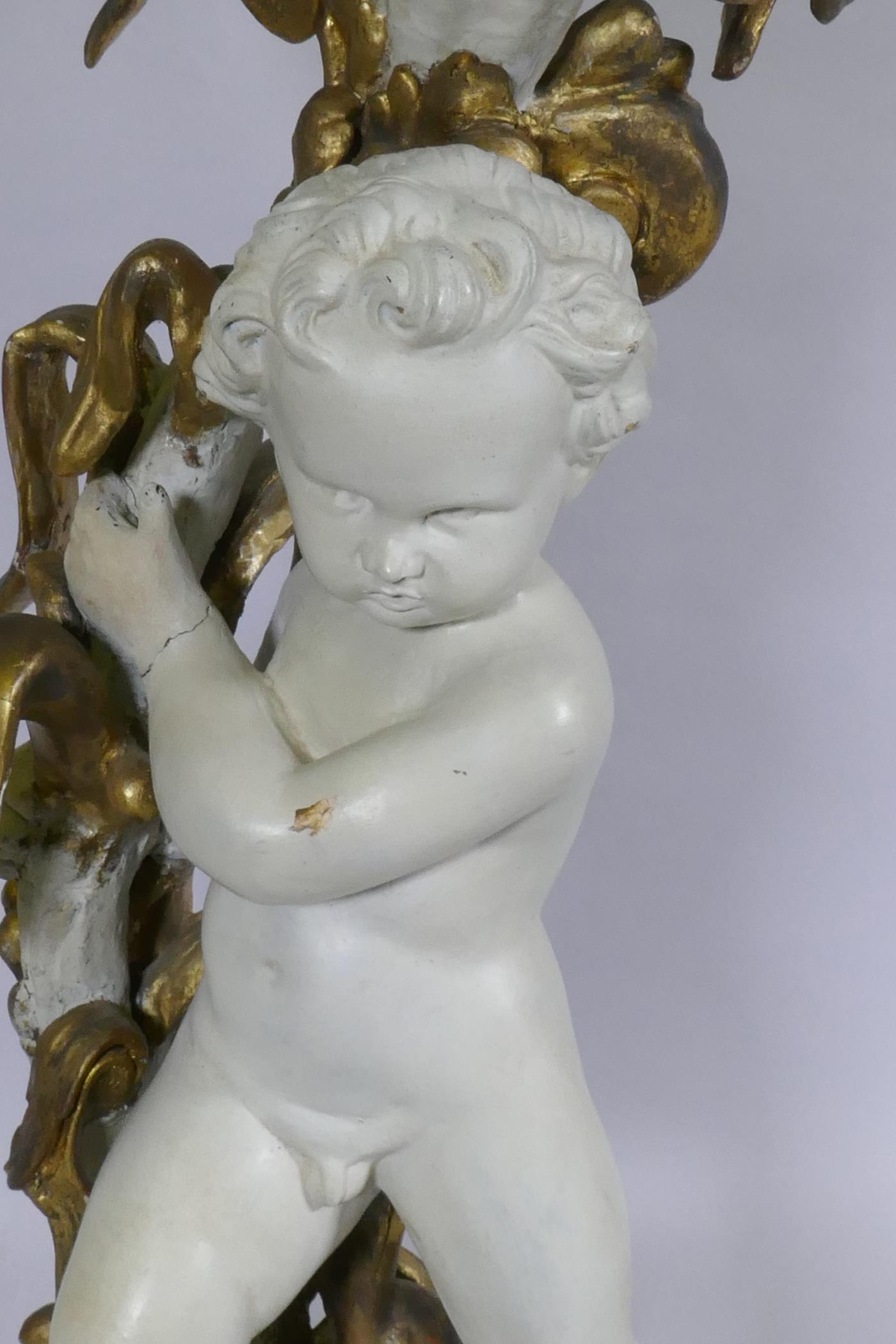 C19th Italian table/stand with painted and parcel gilt decoration in the form of a putto bearing a - Image 3 of 8