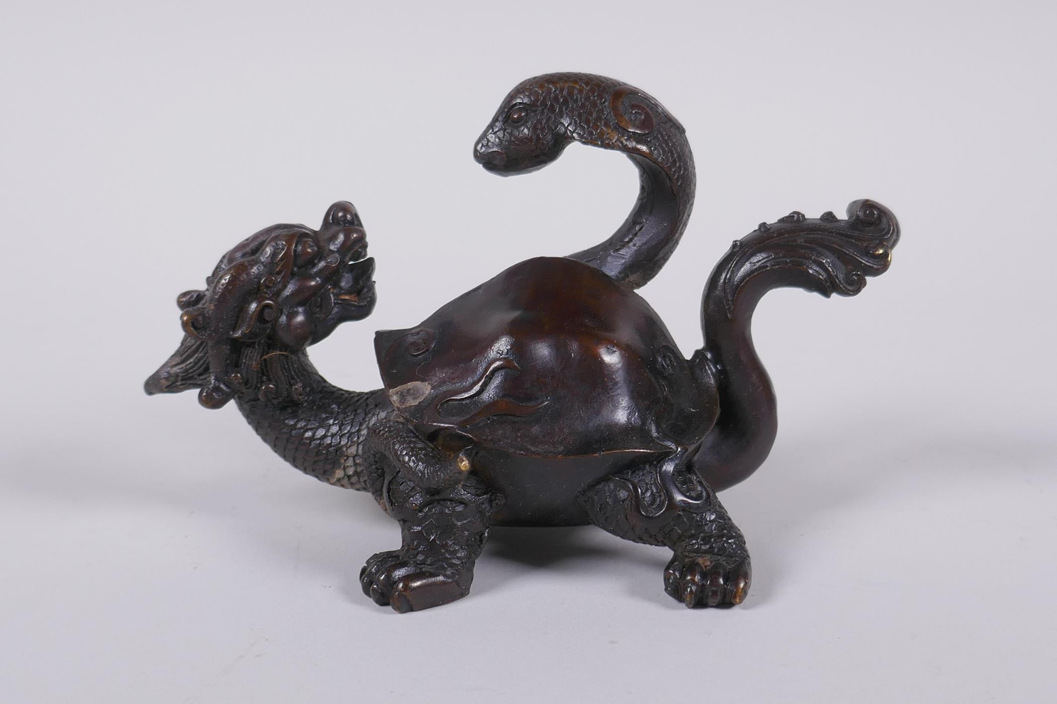 A Chinese bronze figure of a dragon tortoise and snake, 14cm long - Image 4 of 4