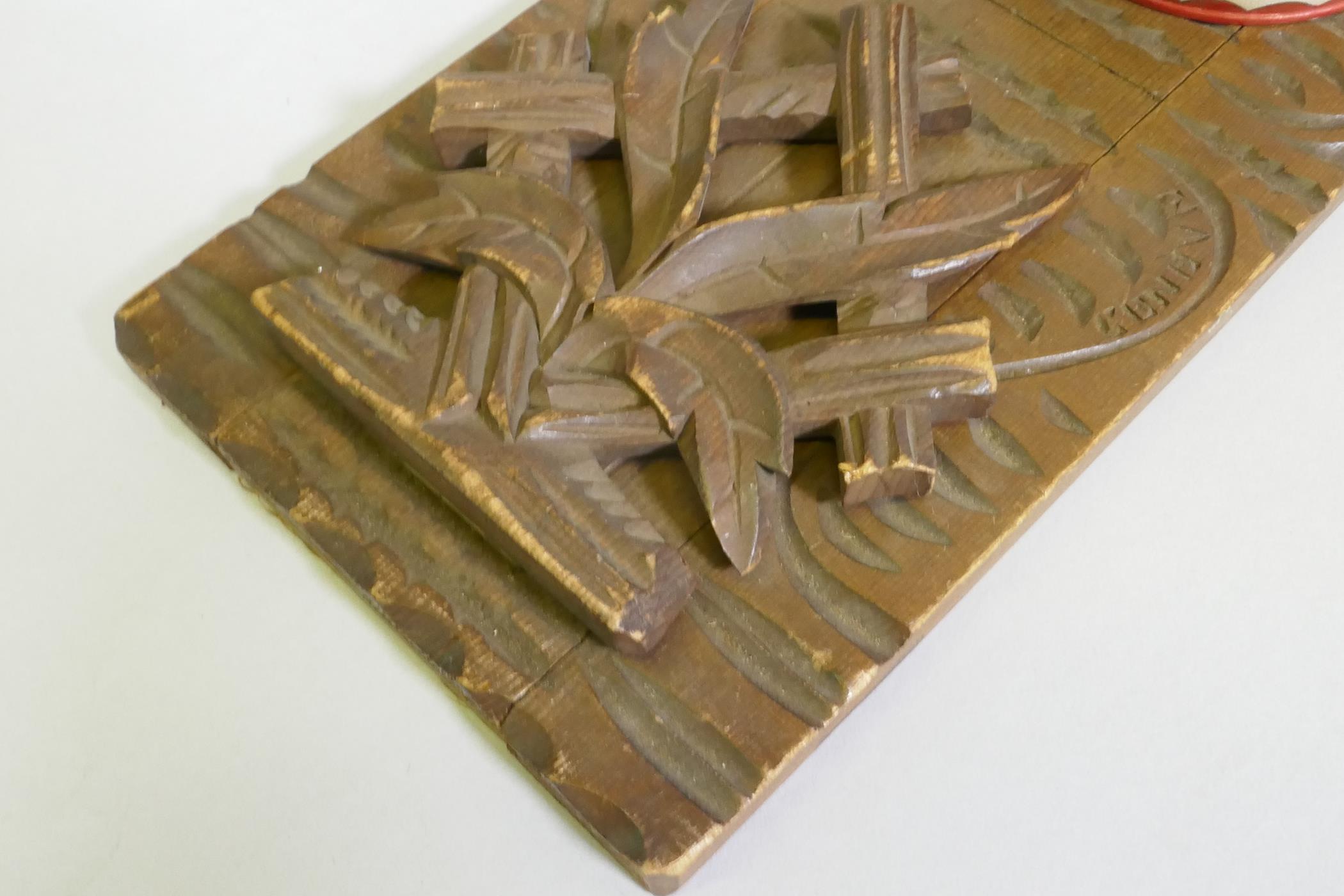 A carved wood bookslide, photo frame, tray and treen, a carved brazil nut husk etc, slide 30 x 13cm - Image 5 of 6