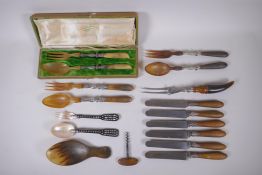 A quantity of antique horn handled flatware, with silver and white metal mounts, largest 28cm